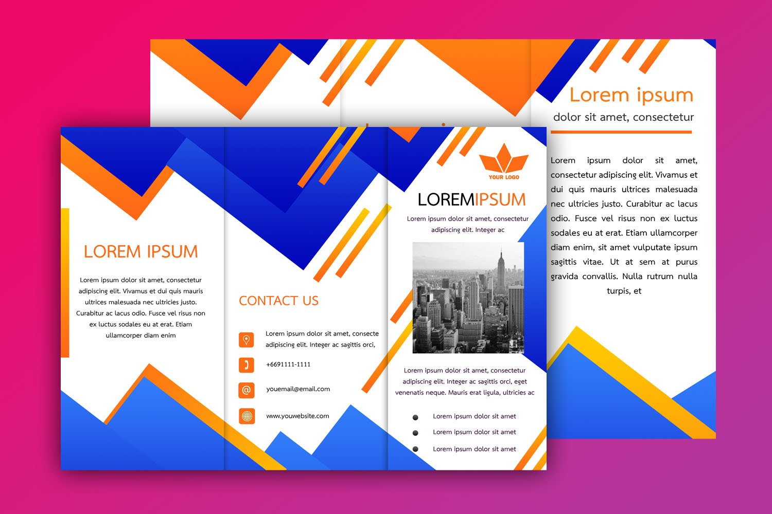 ดาวน์โหลดแผ่นพับสวยๆ สามารถแก้ไขได้พร้อมไฟล์ Psd และ Word สีน้ำเงิน-สีส้ม/  Download Brochure Template Design | Graphypik