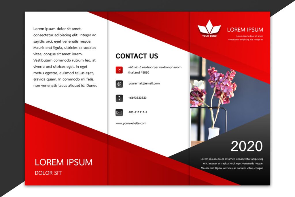 ดาวน์โหลดแผ่นพับสวยๆ สามารถแก้ได้ ไฟล์ PSD และ Word ออกแบบด้วยสีแดง Download brochure template design